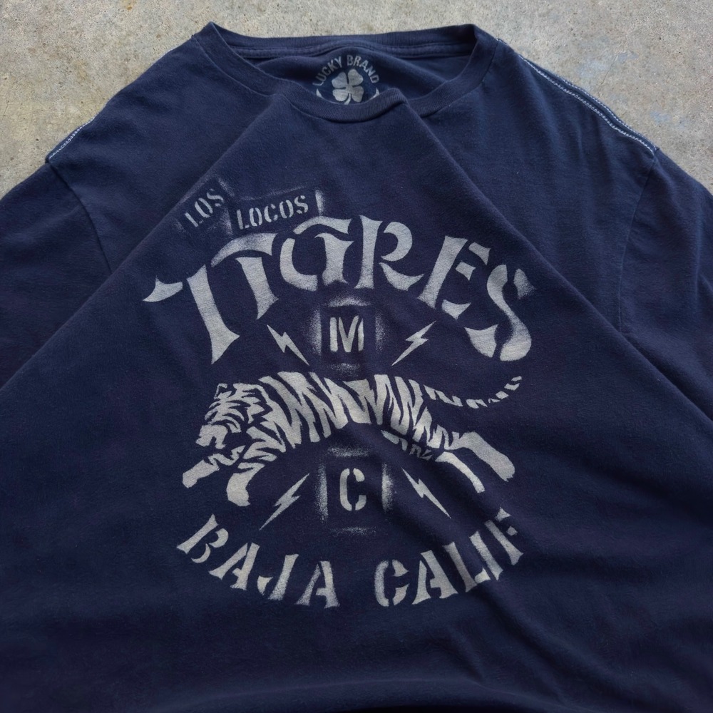 Vintage Y2K Lucky Brand Los Locos Tigres Baja Cali Graphic Tee Navy L (j4)